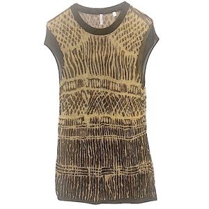 IISLI Tan Brown Open Knit Tribal Print Cap Sleeve Tunic Top